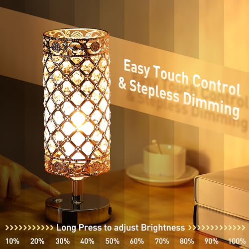 Crystal Table Lamp, Cordless Touch Desk Lamp, Dimmable Bedside Lamp, Modern Nightstand Lamp, 3000K Warm White LED Bulb with USB C+A Charging Port 4000MAH Battery Operated Light for Bedroom