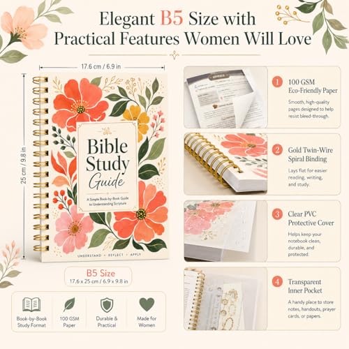 Women’s Bible Study Guide Book with Flower Variation | Book-by-Book Overview & Reflection Journal, Spiral Bound, Pocket Scripture Companion for Faith Growth