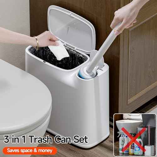 CTIME Bathroom Trash Can Set - Narrow White Plastic Small Trash can, a Toilet Wand, Toilet Brush Holder and 36 Refills, 2 Gallon Trash can with pop-up lid, Suitable for bathrooms and Small Toilets.