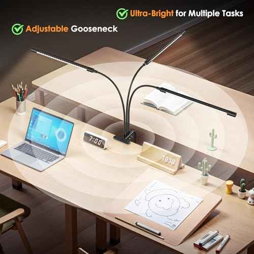 ShineTech 3-Head LED Desk Lamp with Clamp, Eye-Caring Clip-on Light for Home Office, 4 Color Modes & 6 Brightness Levels, 360¡Æ Flexible Gooseneck Desk Lights for Dorm Room, Reading, Nail, Black