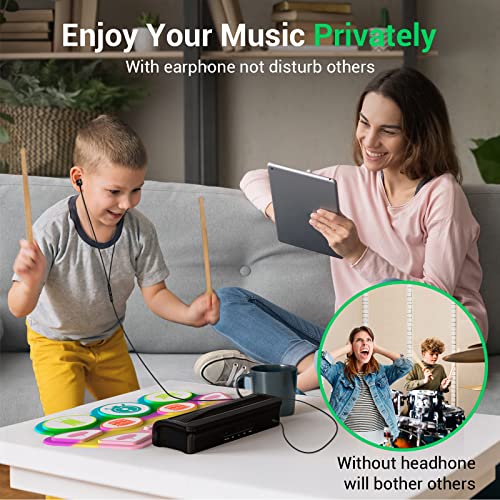 ROCKSOCKI Electric Drum Set, 7 Drum Practice Pad, Roll-up Drum Pad Machine with Headphone Built-in Speaker Drum Sticks Foot Pedals 10 Hours Playtime With Nylon Drumsticks