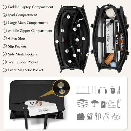 RAINSMORE Laptop Bag for Women 15.6 Inch Work Tote Bags Leather Laptop Tote Waterproof Computer Bag Professional Office Business Briefcase Large Handbag for College Teacher Travel, Black