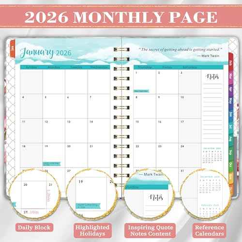 2026 Planner - Planner 2026 with Tabs, Jan. 2026 - Dec. 2026, 2026 Planner Weekly and Monthly, 2026 Calendar Planner, Weekly and Monthly Planner, 6.3" x 8.4", Hardcover with Back Pocket + Thick Paper - Pink Flower
