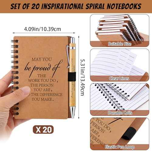 60 Pcs Employee Appreciation Gifts Inspirational Spiral Notebooks Wooden Thank You Keychains Bulk Encouragement Bamboo Ballpoint Pens for Coworkers Nurse Teacher(Classic Style)