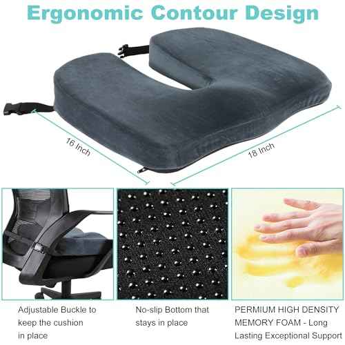 Tailbone Pain Relief Office Chair Cushion 10-Inch Extended U-Cutout,Large-18"x16"x3",Coccyx,Sciatica Pain Relief Memory Foam Wheelchair Car Seat Cushion,But Pillow Pad for Pressure Relief, Blue Grey