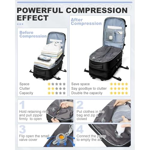 Black Vacuum Seal Travel Backpack Expandable Air Vacpack Backpacks with Air Pump Seal Air Packing Vacuum System Personal Item Carry On Travel Bag Seal Compression Bags Large Laptop Backpack