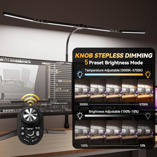 Adjustable LED Desk Lamp ? Stepless Dimming & Color Temp Remote Control, Eye-Caring 4 Large Bright Light Souce for Home Office, Gooseneck, Clamp Base, 5 Lighting Modes for Reading, Computer, DIY