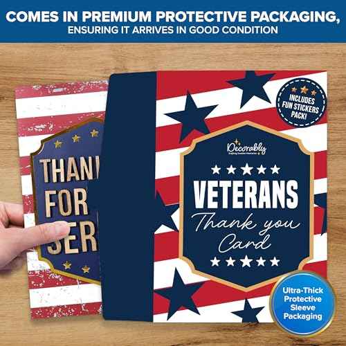 Decorably Gold-Foiled 5x7in Handmade Individual Thank You for Your Service Cards For Veterans with Wooden Letters on Die-Cut Badge, Military Retirement Card with Envelopes, Stickers & Printed Message