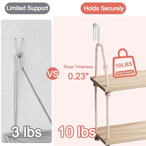 2-Tier Wooden Wall Shelf for Cubicles with Hooks & Rope - Office Storage Organizer