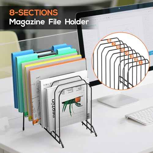 Incline Sorter Desk File Organizer, Metal Desk Magazine Folder Holder with 8-Section Vertical Compartments Rack File Organizer for Office, Home, School (Black, 4Pack)