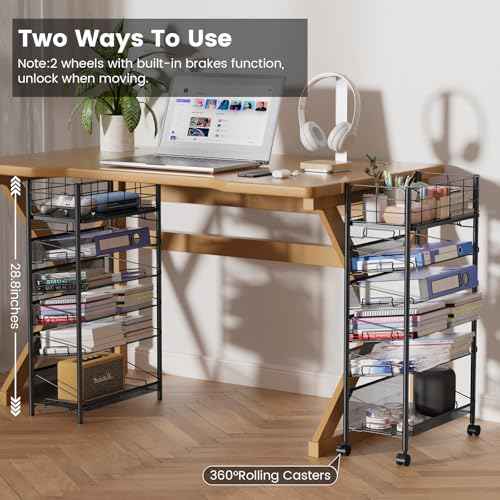 Rolling File Cart with Wheels, 6 Tier Metal Rolling File Organizer Cart Beside Desk,Mobile Book Carts with Wheels for Office Home School Teacher Classroom Paper Letter Organization,Black
