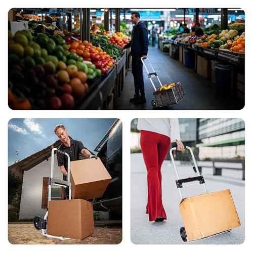 Folding Hand Truck Dolly Cart Portable Foldable Aluminum Luggage Cart Trolley Cart Black Load 260 lbs, with Black Bungee Cord, Telescoping Handle,Solid Aluminium Wheel suspensions, Double Bearings