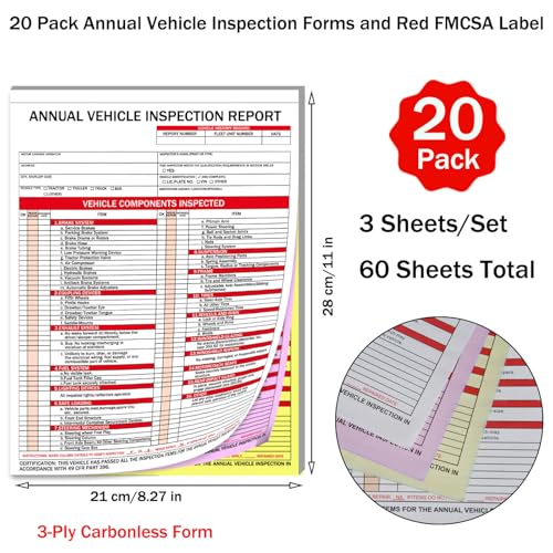 20-Pack Annual Vehicle Inspection Report Forms with Red FMCSA Aluminum Labels — 3-Ply Carbonless, 8.27 x 11 in, Tear Line, DOT Compliant