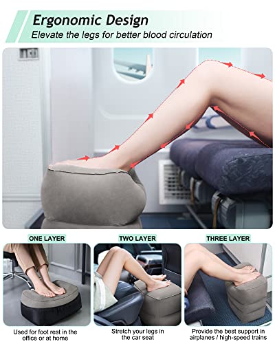 Pack of 1 Grey Inflatable Foot Rest Pillow for Travel, 3-Height Adjustable Kids & Adults