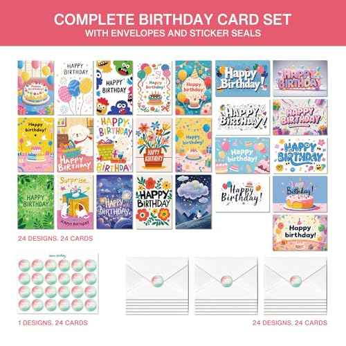 24 Pack Birthday Cards, Messages, Envelopes, and Stickers | 4x6 Inch Happy Birthday Cards Bulk for Family, Kids, Friends, Work, and Office Celebrations. (24 Pcs Cards With Cute Style)
