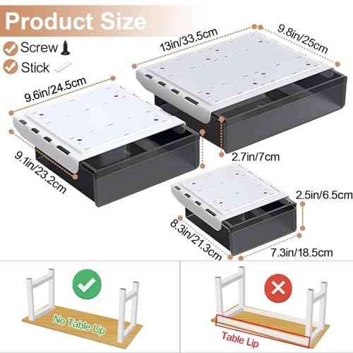 Under Desk Table Drawer Storage Organizer,3 Pack Large & Medium & Small Slide Out Desk Drawers - Hidden Desktop Organizer,Attachable Pencil Storage Tray Under Table(SML)