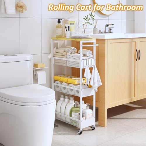 White 7.1-Inch Wide Slim Metal Storage Cart with Wood Top - Mobile Organizer