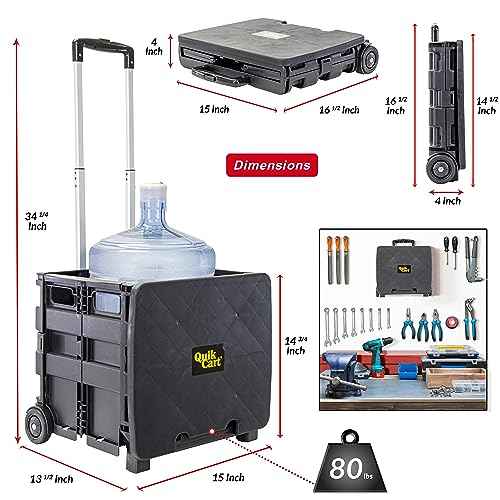 dbest products Quik Cart Sport Collapsible Rolling Crate on Wheels for Teachers Tote Basket 80 lbs Capacity, Made from Heavy Duty Plastic Used as a Seat, Black, Compact