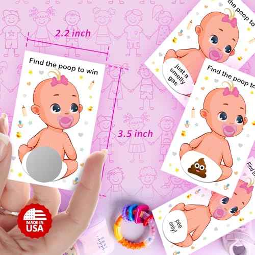 RokAPary Baby Shower Girl Scratch Off Poop Game, Easy to Play Silly Games, Funny Idea, Ice Breaker Activity. Raffle Cards, Pink Pacifier, Set of 40 Cards Made in USA