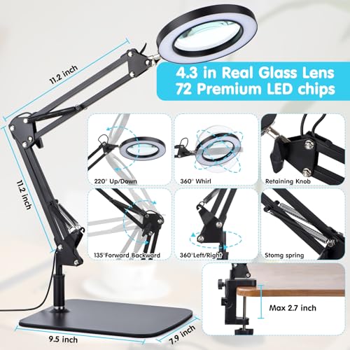 Dylviw 20-Inch Stand & Clamp LED Magnifying Desk Lamp with Real Glass Lens
