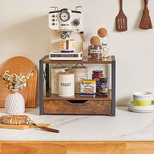 IBUYKE 2 Tier Desktop Printer Stand,Multi-Purpose Desk Organizer,Wooden Printer Stand with Drawer Storage for Folders,Books,for Fax Machine, Scanner,Home Office,Rustic Brown UTLJ006H