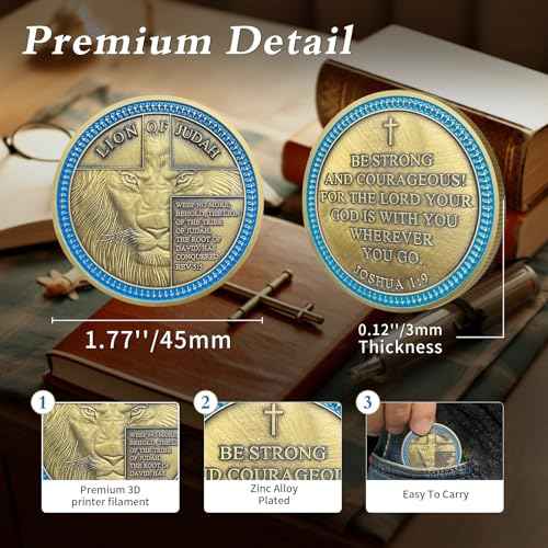 5pcs Rare Lion of Judah Challenge Coin - Joshua 1 9 Be Strong and Courageous Prayer Coin - Art Pocket Bible Verses Christian Coins - Good Luck Religious Gifts for Men Women