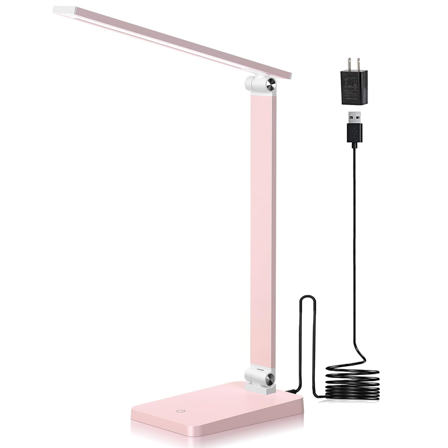 LED Desk Lamp for Home Office, 3 Levels Dimmable Desk Light with USB Charging Port, Reading Lamp for Table Study Work Office Nail Craft Puzzle, Pink, 5000K