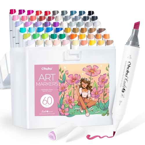 Ohuhu Alcohol Markers: Mini Brush & Slim Broad 60 Illustration Colors Dual Tip Brush Tip Alcohol-based Art Marker for Artists Adults Coloring Illustration- Refillable - Kaala B Series of Ohuhu Markers