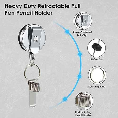 Landhoow 2 Pcs Retractable Pull Pen Pencil Holder, 27.5'' Retractable Pen Holder for Carpenters, Workers, Nurses, Bricklayer, Waiter, Universal Pencil Lanyard with Belt Clip and Key Ring