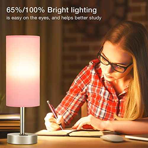 Dicoool Pink Touch Nightstand Lamps for Girl - Small Desk Bedside Lamp with USB-C and USB Charging Ports, 3 Way Dimmable Control Table Lamp for Living Room Office, Dorm, Reading