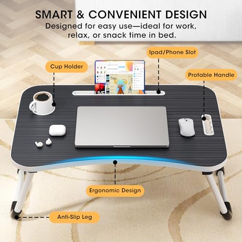 Black Folding Laptop Bed Desk 23.6 Inch Wood Portable Table with Cup Holder