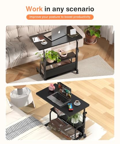 QZMDSM Black Adjustable Rolling Desk with Storage Shelves, 32 Inch Computer & Drafting Table