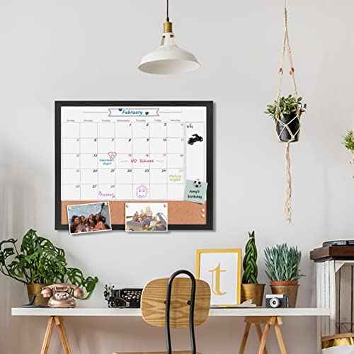 Dry Erase Calendar Whiteboard for Wall, Small Combination Magnetic Dry Erase White Board & Bulletin Board, 17.7" x 21.6" Black Wood Framed Blackboard/Calendar/Cork Combo Board(ZHYL-BK-4555