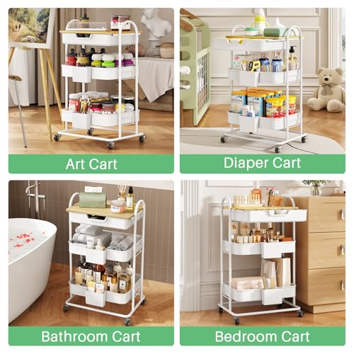 SNTD 3 Tier Utility Rolling Cart with Wheels - Smooth Sliding Drawers, Wooden Tabletop, Hanging Buckets for Kitchen, Art Room, Office, Bathroom (White)