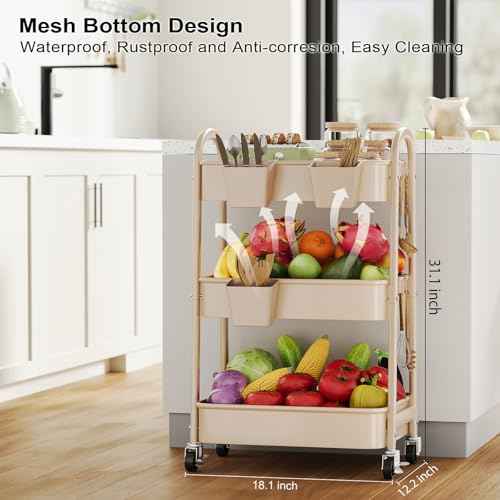 Beige 3 Tier Rolling Cart Metal on Wheels, Three Tiered Storage Organizer Utility Trolley with Wheels for Art, Craft, Baby Diaper Caddy, Snack, Book, Nail, Lash, Cleaning Supplies, Kitchen, Bathroom