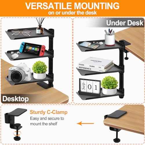 3 Tier Clamp On Desk Shelf£¬Adjustable Above or Under Desktop Organizer £¬360¡Æ Rotatable Carbon Steel Storage Tray for Home Office and Gaming Accessories£¨Black£©