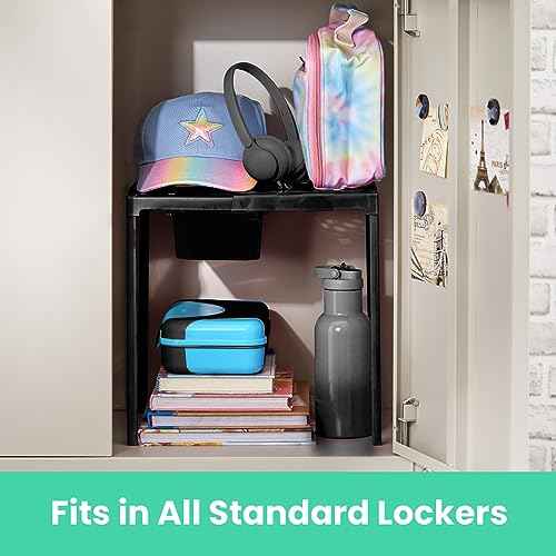 LockerMate Adjust-A-Shelf Locker Shelf & Organizer, Extends to Fit Your Locker, Includes Storage Drawer, Black
