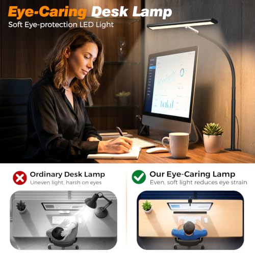 Airlonv Black LED Desk Lamp with Clamp, 17-Inch Stepless Dimming & Flexible Gooseneck