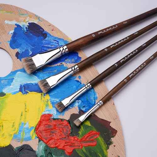 Fuumuui Professional Paint Brush Set, 4Pcs Natural Badger Hair with Flat Shape Blending Mop Oil Paint Brushes for Acrylic Painting Oil and Gouache