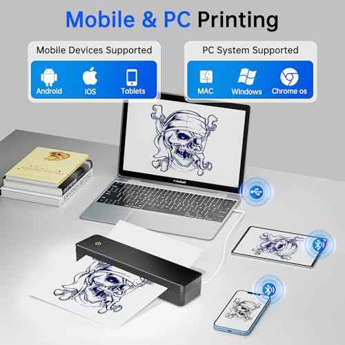 Inkless Portable Printers Wireless for Travel, Inkless Printer, Tattoo Stencil Printer, Support A4&A5 & 8.5 x 11inch Thermal Paper & Transfer Paper for Office, Travel, Tattoo Artist