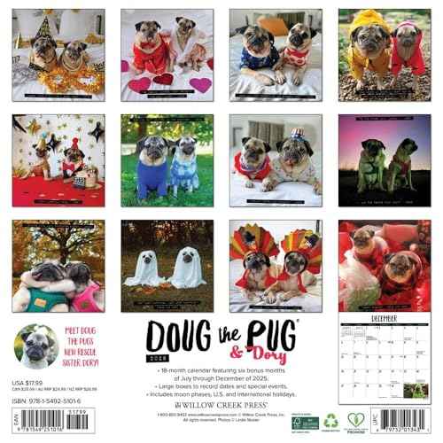 Willow Creek Press, Doug the Pug 2026 Wall Calendar, 12'' X 12'', 18-Month Calendar with Stapled Binding