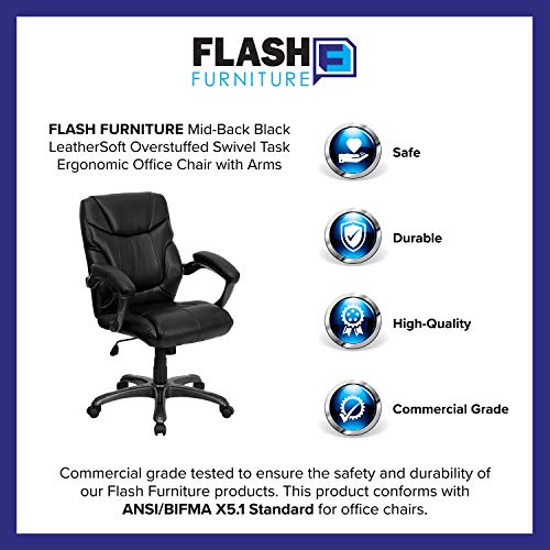 Flash Furniture Megan Mid-Back Black LeatherSoft Overstuffed Swivel Task Ergonomic Office Chair with Arms