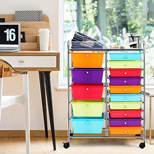 DREAMADE 15-Drawer Rolling Cart with Lockable Wheels, Multi-Color 25"L x 14.5"W x 34.5"H