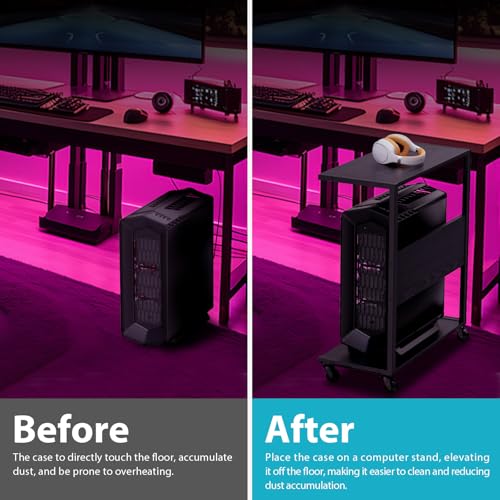 Computer Tower Stand, C-Shape Large PC Stand Gaming Computer ATX-Case Storage, 2-Tier Mobile CPU Holder Cart Laptop Standing Table with Rolling Wheels for Home, Office, Black