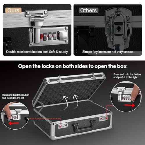 Combination Lock Box - Locking Storage Case with Customizable Foam, 14.2" Portable Lockable Case for Personal Items, Valuables, Documents, Briefcase for Jewelry, Cash, Medications, Black