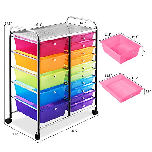 GOFLAME Rainbow 15-Drawer Rolling Storage Cart with Removable Drawers & Lockable Wheels