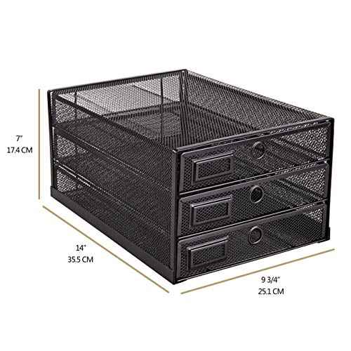 Annova Desk Organizer Wire Mesh 3 Tier Sliding Drawers Paper Sorter/Multifunctional/Premium Solid Construction for Letters, Documents, Mail, Files, Paper, Kids' Art Supplies (Black)