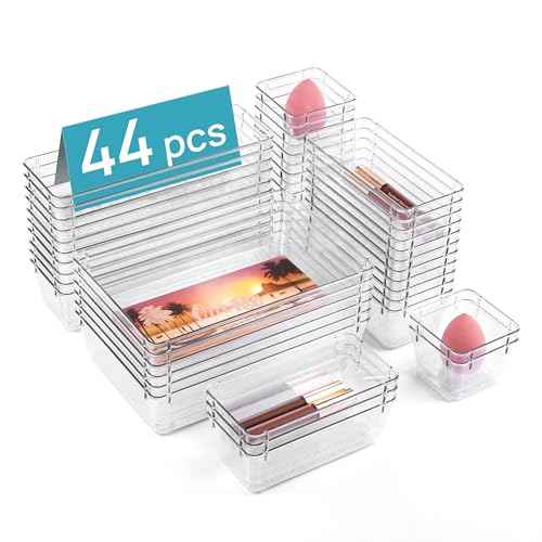 Vtopmart 44 PCS Clear Plastic Drawer Organizers Set, 4-Size Versatile Bathroom and Vanity Organizer Trays, Non-Slip Storage Containers for Makeup, Jewelries, Bedroom£¬Kitchen Utensils and Office