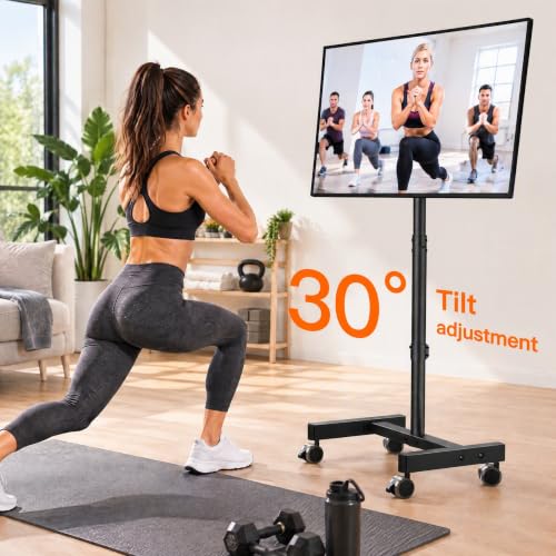 Perlegear Black Rolling TV Stand for 13-50 Inch TVs, 30° Tilt & Adjustable Height