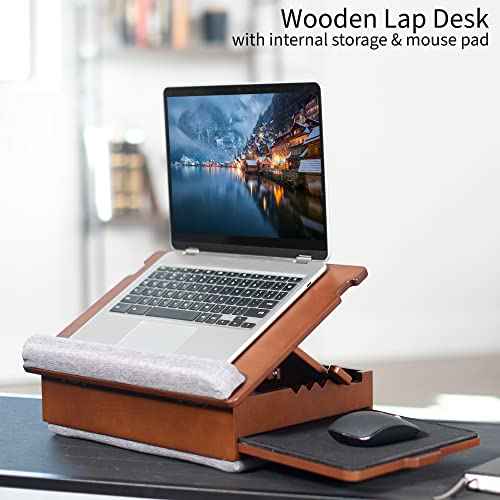 Wooden Tilting Lap Desk for Writing, Drawing, Laptop Work, and More, Height Adjustable Compact Table with Slide-Out Mouse Pad, Internal Storage, Wrist Support, Dark Wood, SX-LAPD-1